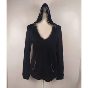 Metal Mulisha Pullover Hoodie Whip Stitch Embroidered Skull Deep V Neck